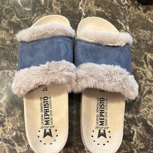 Mephisto Women's Navy Suede Slide Slippers with Taupe Faux Fur Trim